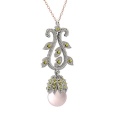 Şah İnci Kolye - Pembe inci ve peridot 18 ayar beyaz altın kolye (40 cm rose altın rolo zincir) #t0pzxm