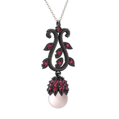 Şah İnci Kolye - Pembe inci ve rodolit garnet 925 ayar siyah rodyum kaplama gümüş kolye (40 cm gümüş rolo zincir) #tjth9l