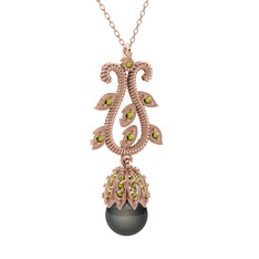 Şah İnci Kolye - Siyah inci ve peridot 925 ayar rose altın kaplama gümüş kolye (40 cm rose altın rolo zincir) #vkesxx