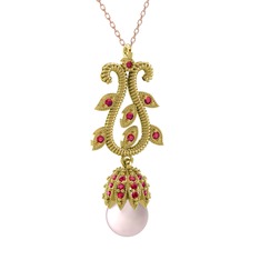 Şah İnci Kolye - Pembe inci ve rodolit garnet 8 ayar altın kolye (40 cm rose altın rolo zincir) #vq35ef