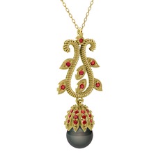Şah İnci Kolye - Siyah inci ve garnet 925 ayar altın kaplama gümüş kolye (40 cm altın rolo zincir) #wfm3ra