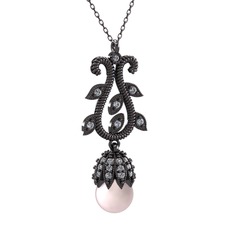 Şah İnci Kolye - Pembe inci ve swarovski 925 ayar siyah rodyum kaplama gümüş kolye (40 cm gümüş rolo zincir) #x5vm14