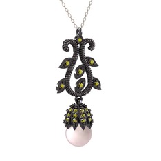 Şah İnci Kolye - Pembe inci ve peridot 925 ayar siyah rodyum kaplama gümüş kolye (40 cm beyaz altın rolo zincir) #xfuybr