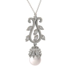 Inci ve beyaz zirkon 8 ayar beyaz altın kolye (40 cm beyaz altın rolo zincir)