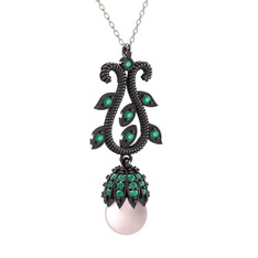 Şah İnci Kolye - Pembe inci ve kök zümrüt 925 ayar siyah rodyum kaplama gümüş kolye (40 cm beyaz altın rolo zincir) #yej46l