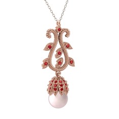 Şah İnci Kolye - Pembe inci ve garnet 18 ayar rose altın kolye (40 cm beyaz altın rolo zincir) #yn39gs