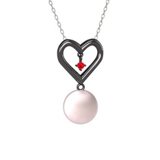 İncili Kalp Kolye - Pembe inci ve garnet 925 ayar siyah rodyum kaplama gümüş kolye (40 cm beyaz altın rolo zincir) #11411s3