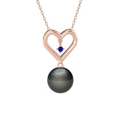 İncili Kalp Kolye - Siyah inci ve lab safir 8 ayar rose altın kolye (40 cm rose altın rolo zincir) #12v9ydm