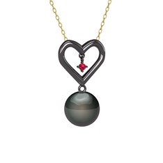 İncili Kalp Kolye - Siyah inci ve rodolit garnet 925 ayar siyah rodyum kaplama gümüş kolye (40 cm altın rolo zincir) #12wbtr6