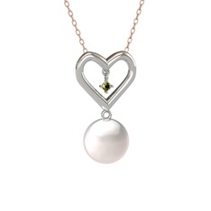 İncili Kalp Kolye - Inci ve peridot 14 ayar beyaz altın kolye (40 cm rose altın rolo zincir) #1340vnz