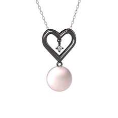 İncili Kalp Kolye - Pembe inci ve swarovski 925 ayar siyah rodyum kaplama gümüş kolye (40 cm beyaz altın rolo zincir) #13dybby