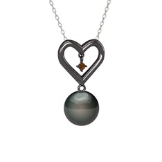 İncili Kalp Kolye - Siyah inci ve dumanlı kuvars 925 ayar siyah rodyum kaplama gümüş kolye (40 cm beyaz altın rolo zincir) #14ft5c3