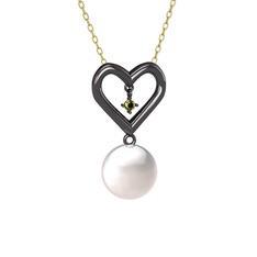 İncili Kalp Kolye - Inci ve peridot 925 ayar siyah rodyum kaplama gümüş kolye (40 cm altın rolo zincir) #174owyx