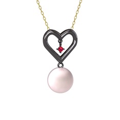 İncili Kalp Kolye - Pembe inci ve rodolit garnet 925 ayar siyah rodyum kaplama gümüş kolye (40 cm altın rolo zincir) #18wzier