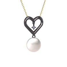 İncili Kalp Kolye - Inci ve elmas 925 ayar siyah rodyum kaplama gümüş kolye (0.036 karat, 40 cm altın rolo zincir) #1egewpa