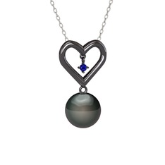 İncili Kalp Kolye - Siyah inci ve lab safir 925 ayar siyah rodyum kaplama gümüş kolye (40 cm beyaz altın rolo zincir) #1ezblec