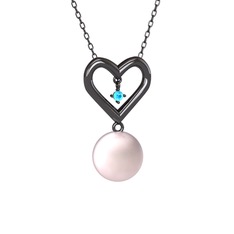 İncili Kalp Kolye - Pembe inci ve akuamarin 925 ayar siyah rodyum kaplama gümüş kolye (40 cm gümüş rolo zincir) #1ghfetn