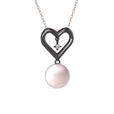 İncili Kalp Kolye - Pembe inci ve swarovski 925 ayar siyah rodyum kaplama gümüş kolye (40 cm rose altın rolo zincir) #1gxso25