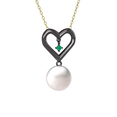 İncili Kalp Kolye - Inci ve kök zümrüt 925 ayar siyah rodyum kaplama gümüş kolye (40 cm gümüş rolo zincir) #1i7wyh