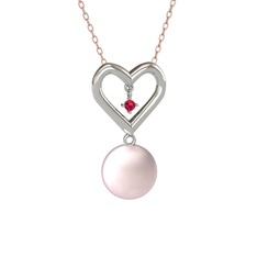 İncili Kalp Kolye - Pembe inci ve rodolit garnet 14 ayar beyaz altın kolye (40 cm rose altın rolo zincir) #1ito7eo