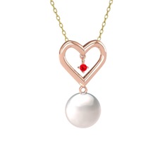 İncili Kalp Kolye - Inci ve garnet 18 ayar rose altın kolye (40 cm altın rolo zincir) #1n6diki