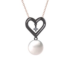 İncili Kalp Kolye - Inci ve pırlanta 925 ayar siyah rodyum kaplama gümüş kolye (0.036 karat, 40 cm gümüş rolo zincir) #1nqwkvy