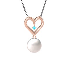 İncili Kalp Kolye - Inci ve akuamarin 14 ayar rose altın kolye (40 cm gümüş rolo zincir) #1nwbdth