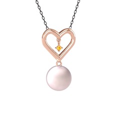 İncili Kalp Kolye - Pembe inci ve sitrin 8 ayar rose altın kolye (40 cm gümüş rolo zincir) #1rqptyk