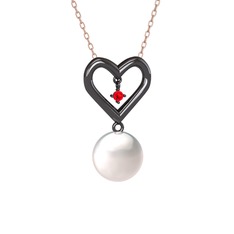 İncili Kalp Kolye - Inci ve garnet 925 ayar siyah rodyum kaplama gümüş kolye (40 cm gümüş rolo zincir) #1rw5j0t