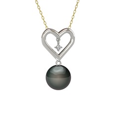İncili Kalp Kolye - Siyah inci ve swarovski 18 ayar beyaz altın kolye (40 cm altın rolo zincir) #1t8cnwm