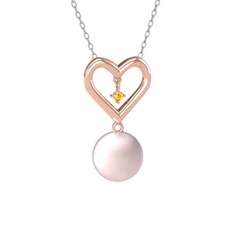 İncili Kalp Kolye - Pembe inci ve sitrin 14 ayar rose altın kolye (40 cm beyaz altın rolo zincir) #1thm7rq
