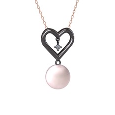 İncili Kalp Kolye - Pembe inci ve elmas 925 ayar siyah rodyum kaplama gümüş kolye (0.036 karat, 40 cm rose altın rolo zincir) #1vp88l8