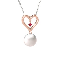İncili Kalp Kolye - Inci ve rodolit garnet 8 ayar rose altın kolye (40 cm beyaz altın rolo zincir) #1vzpp7b