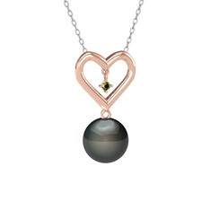 İncili Kalp Kolye - Siyah inci ve peridot 8 ayar rose altın kolye (40 cm beyaz altın rolo zincir) #1xjp8zl
