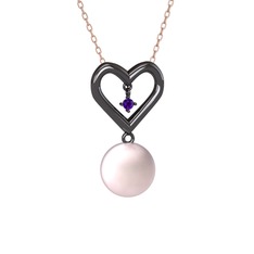 İncili Kalp Kolye - Pembe inci ve ametist 925 ayar siyah rodyum kaplama gümüş kolye (40 cm rose altın rolo zincir) #1y4embb