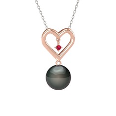 İncili Kalp Kolye - Siyah inci ve rodolit garnet 18 ayar rose altın kolye (40 cm beyaz altın rolo zincir) #2gatlo