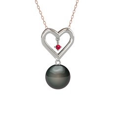 İncili Kalp Kolye - Siyah inci ve rodolit garnet 18 ayar beyaz altın kolye (40 cm rose altın rolo zincir) #3mqsnk