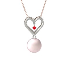 İncili Kalp Kolye - Pembe inci ve garnet 925 ayar gümüş kolye (40 cm rose altın rolo zincir) #6ggn1y