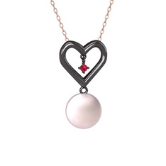 İncili Kalp Kolye - Pembe inci ve rodolit garnet 925 ayar siyah rodyum kaplama gümüş kolye (40 cm gümüş rolo zincir) #c87z6