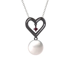 İncili Kalp Kolye - Inci ve kök yakut 925 ayar siyah rodyum kaplama gümüş kolye (40 cm beyaz altın rolo zincir) #cbf5vm