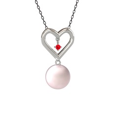 İncili Kalp Kolye - Pembe inci ve garnet 18 ayar beyaz altın kolye (40 cm gümüş rolo zincir) #clffmr