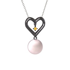 İncili Kalp Kolye - Pembe inci ve sitrin 925 ayar siyah rodyum kaplama gümüş kolye (40 cm beyaz altın rolo zincir) #femvl2