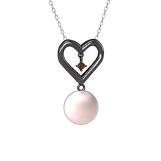 İncili Kalp Kolye - Pembe inci ve dumanlı kuvars 925 ayar siyah rodyum kaplama gümüş kolye (40 cm beyaz altın rolo zincir) #icqc3c