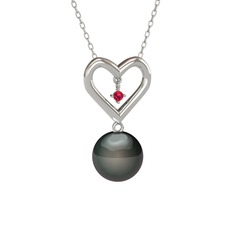 İncili Kalp Kolye - Siyah inci ve rodolit garnet 18 ayar beyaz altın kolye (40 cm beyaz altın rolo zincir) #iwa5di