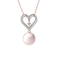 İncili Kalp Kolye - Pembe inci ve pembe kuvars 8 ayar beyaz altın kolye (40 cm rose altın rolo zincir) #jwkdwm