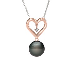 İncili Kalp Kolye - Siyah inci ve swarovski 8 ayar rose altın kolye (40 cm beyaz altın rolo zincir) #lzxird