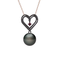 İncili Kalp Kolye - Siyah inci ve kök yakut 925 ayar siyah rodyum kaplama gümüş kolye (40 cm rose altın rolo zincir) #m9htlj