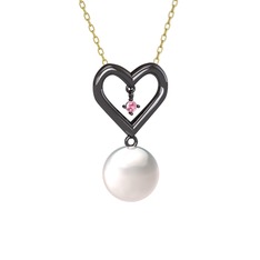 İncili Kalp Kolye - Inci ve pembe kuvars 925 ayar siyah rodyum kaplama gümüş kolye (40 cm altın rolo zincir) #n531iu