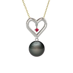 İncili Kalp Kolye - Siyah inci ve rodolit garnet 925 ayar gümüş kolye (40 cm altın rolo zincir) #ofe3dh