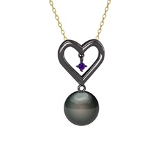 İncili Kalp Kolye - Siyah inci ve ametist 925 ayar siyah rodyum kaplama gümüş kolye (40 cm altın rolo zincir) #ogz19h